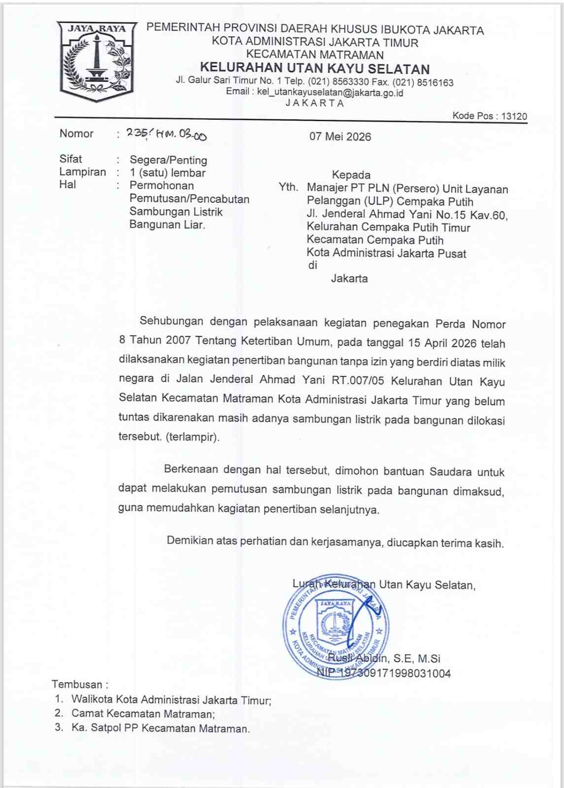PLN UP3 Cempaka Putih Dinilai Lamban Tindak Lanjuti Surat Kelurahan Soal Pencabutan Listrik Bangunan Liar