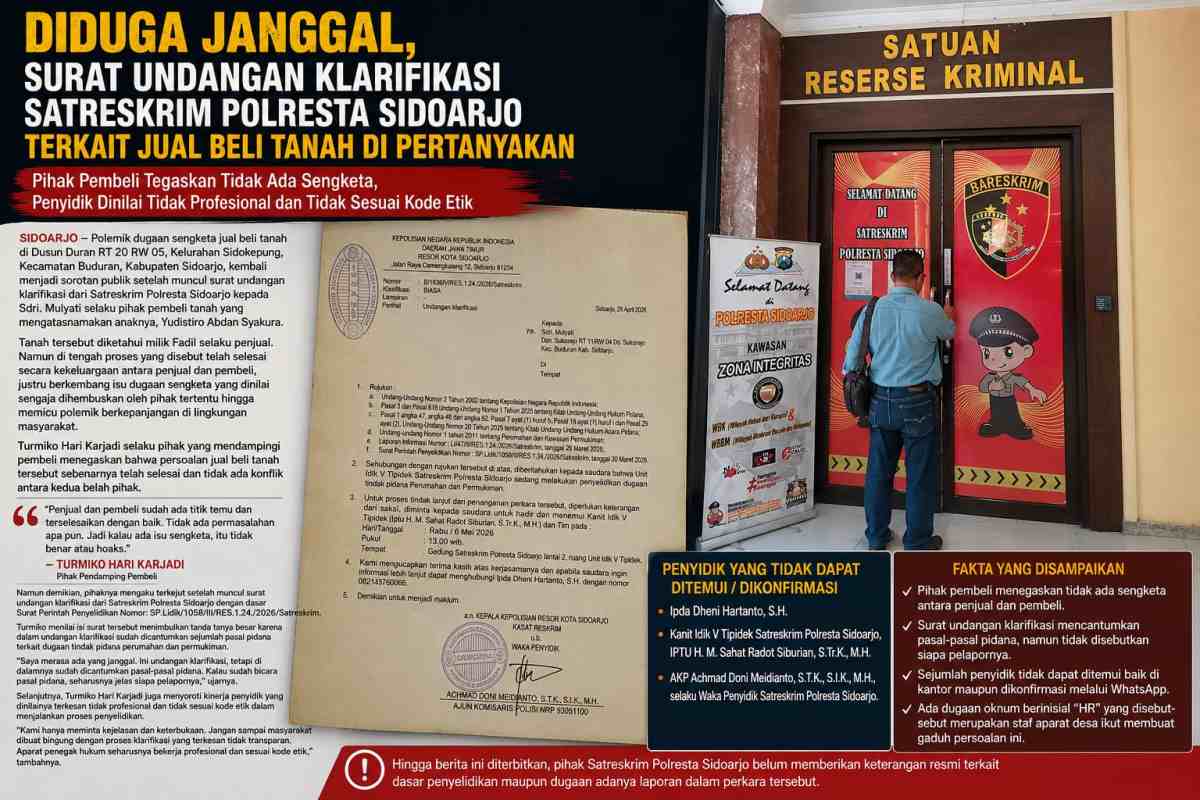 DIDUGA JANGGAL, SURAT Undangan KLARIFIKASI SATRESKRIM POLRESTA SIDOARJO TERKAIT JUAL BELI TANAH DIPERTANYAKAN