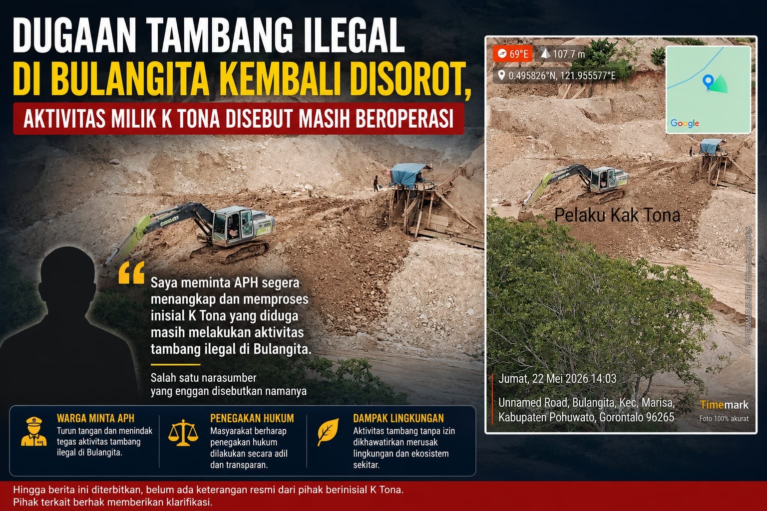 Dugaan Tambang Ilegal di Bulangita Kembali Disorot, Aktivitas Milik K Tona Disebut Masih Beroperasi