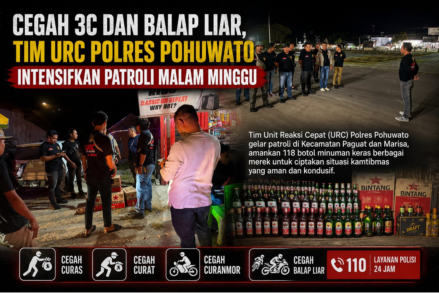 Kasat Reskrim Renly Turangan Pimpin Patroli Malam Minggu, Ratusan Botol Miras Diamankan